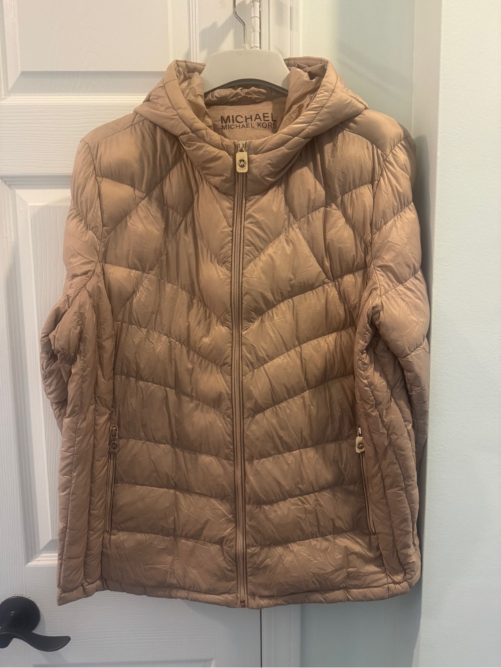 Michael Kors Beige/Tan Quilted Hooded Puffer Jacket